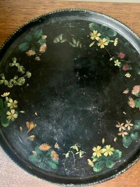Vintage Round Black Wood Tole Hand Painted Floral Folk Art Tray